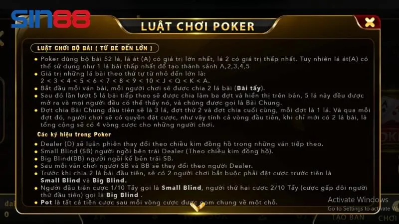 Luật chơi Poker Sin88 cho những ai chưa biết