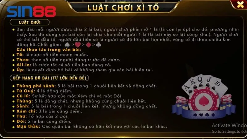 Luật chơi xì tố Sin88 cho những ai chưa biết